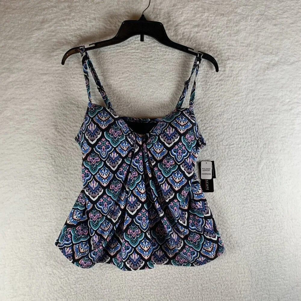 Island‎ Escape Underwire Tankini Top Women's 8 Black Scorpio Printed Sweetheart